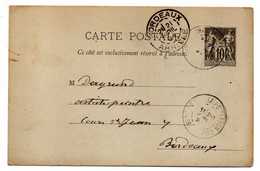 1894--Entier CP 10c Noir Type Sage Cachet   CHATEAU D'OLERON-17  Pour BORDEAUX-33..cachets ................à  Saisir - Cartes Postales Types Et TSC (avant 1995)