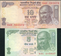 India 2011 - 2 Banknotes : 5 & 10 Rupee Mahatma Gandhi (P101 -102) - UNC & Crisp - Autres - Asie