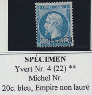 Frankreich SPÉCIMEN Yvert 4 (22) ** Signé, NsC, MNH, Postfrisch, 20c. Empire Non Lauré, Michel Nr. 21 SP, 2 Scans - Especimenes