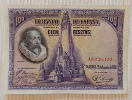 Spain 1928 - 100 Pesetas - ‘Cervantes’ - No A0,028,152 - P# 76a - Near Unc - 100 Pesetas