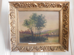 "Vue De Village En Bord De Rivière" Huile Sur Toile Cadre Bois Stuqué Doré XIXème - Olii