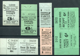 GB X 8 Mint Bus Post Parcel Tickets / Receipts. Safeway Services, Moore Bros. Kelveden, Aberfeldy Motor Coaches, Silver - Cinderella