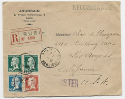 FRANCE PASTEUR 50C+30C ROUGE +10C VERTX2 LETTRE REC RUEIL 1923 POUR USA AU TARIF - 1922-26 Pasteur