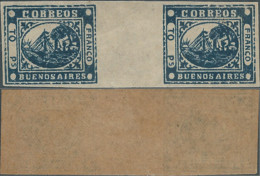 ARGENTINA,Buenos Aires,1859 Steam Ship 1P Blue "TO Rs" In Pairs Imperforated ,Not Used,Original Gum - Buenos Aires (1858-1864)