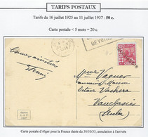 Algérie Tarifs Postaux - Carte - Lettres & Documents