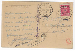 ILE PORT-CROS Carte Postale 3F Gandon Rose Yv 806 Ob 1946 Hexagone Recette Auxiliaire Rurale Hexagone E4 Inconnu Rebut - Cachets Manuels