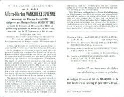 Doodsprentje Vankriekelsvenne Alfons Martin 28-09-1899 Widooie	26-05-1969 Menen Wed. R. Dael, Echtg. D. Vandecasteele - Obituary Notices