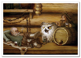 ELDER MAN And BROWNIE Mice Mouse OWL In Russian Peasant House Beer New Postcard - Zonder Classificatie