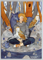 GIRL DEER Owls Forest Animal Mushroom Tea By Speshilova Russian New Postcard - Zonder Classificatie