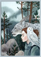 YOUNG GIRL With OWL N SNOW LEOPARD In Forest Three Russian Fantasy Postcard - Zonder Classificatie