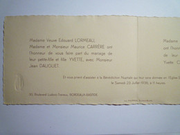 2021 - 4165  FAIRE-PART De MARIAGE De Jean DAUGUET Et Yvette CARRERE  1938  BORDEAUX-BASTIDE     XXX - Hochzeit