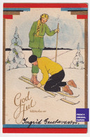 God Jul Noël Christmas 1935 Petite CP Suède Art Deco Femme Ski Sports D'hiver Neige Sweden Winter Postcard Woman A62-46 - Altri