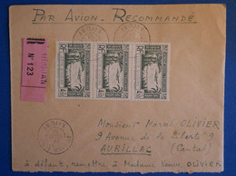 M25 COTE D IVOIRE BELLE LETTRE RECOM.1947 PAR AVION ABIDJAN POUR AURILLAC FRANCE +BANDE DE 3 T.P+ AFFRANCH PLAISANT - Brieven En Documenten