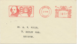 GB 1964 Shakespeare Festival 2 ½d Meter Mark Pitney Bowes „HARLOW / ESSEX“ To LEICESTER, Extremely Rare Only A Few Exist - Lettres & Documents