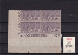 REGNO D'ITALIA 1913-23 N°2 POSTA PNEUMATICA BLOCCO DI 4 MNH - Pneumatic Mail