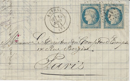 1871- Lettre De RETHEL ( Ardennes ) Cad T17 Affr. Paire N°37 Oblit. G C 3117 - 1849-1876: Klassik