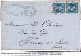 LSC Etoile 28 / Paire YT 22 Paris Cardinal-Lemoine 10/04/1866 Pour Fresnay Sur Sarthe - Matasellos Manuales