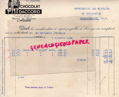 87-LIMOGES- RARE FACTURE CHOCOLAT DACCORD-ENFANTS -CHEMIN DU CANADIER -COOPERATIVE CHAUSSURES ROCHECHOUART-1939 - Straßenhandel Und Kleingewerbe