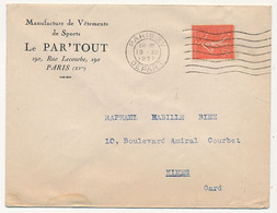 FRANCE - Env. En-tête "Manufacture De Vêtements De Sports Le Par'tout - Paris" - Affr 50c Semeuse Omec Paris XV - 1927 - 1900 – 1949