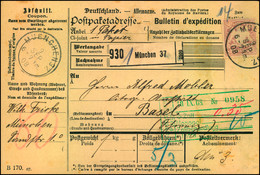 1908: Paketkarte Mit EF 80 Pfg. Wappen Ab MÜNCHEN 37 Nach Basel. Kleines Loch. - Cartas & Documentos