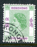 Hong Kong 1954-62 QEII Definitives - $5 Yellowish-green & Purple Used (SG 190a) - Usati