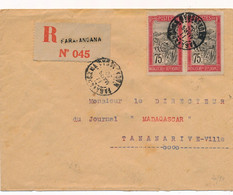 LETTRE RECOMMANDÉE MADAGASCAR FARAFANGANA 75C PAIRE POUR TANANARIVE - Covers & Documents