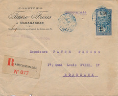 LETTRE RECOMMANDÉE MADAGASCAR AMBOHIMAHASOA BLEU 1F50 SURCHARGE POUR BORDEAUX - Covers & Documents