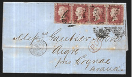 Grande Bretagne   Lettre  Du 08 09 1866 De LONDRES Pour Aigre  ( Charente ) Affranchissement Bande De 4 Du N° 26 ( YT ) - Lettres & Documents