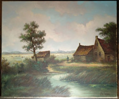 Delcampe - Ferme Avec Petite Grange Au Bord D'un Ruisseau Et Skyline/Farm With Small Barn By A Stream And Skyline In The Background - Huiles