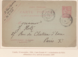 CRETE - MOUCHON 10 C - ENTIER POSTAL DE CANDIE POUR PARIS AU TARIF - RARE ET TTB - Andere & Zonder Classificatie