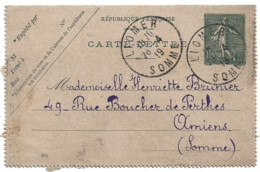 (4546) 1919 Carte Lettre Cachet Liomer Somme 15 C Vert  Semeuse Lignée - Cartes-lettres