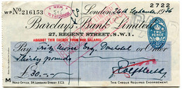 BARKLAYS BANK LIMITED 27 Regent St. S.W.I. 2 Chèques  Avec Timbres Fiscaux De La Hongrie Et De L'Autriche 1936 - Schecks  Und Reiseschecks