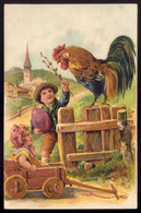 CPA Relief Gaufree Enfants Coq Oeuf Chariot En Bois PFB 6800 / 6804. Old Postcard Embossed Egg Children Rouster Easter - Escenas & Paisajes