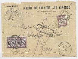 TAXE 50C PAIRE ROYAN 1928 LETTRE ENTETE MAIRIE DE TALMONT SUR GIRONDE CHARENTE INFERIEURE + RETOUR TAXE 1FR - Portomarken