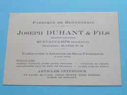 Fabrique De Bonneterie JOSEPH DUHANT & Fils > QUEVAUCAMPS (Hainaut) Tél Blaton N° 32 ( Zie / Voir Scans ) ! - Visitenkarten