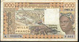 W.A.S. IVORY COAST   P107Aa 1000 FRANCS 1981 Signature 15  AVF 3 P.h. - West African States