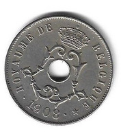 Belguim 25 Centimes  Leopold  II  1908 French  Vf+ - 25 Cents