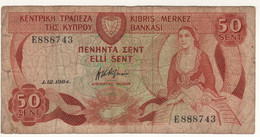 CYPRUS   50 Cents      P49      1.12.1984   ( Woman In Local Costum + Yermasoyia Dam At Back ) - Cyprus