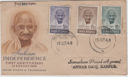 India 1948 - Mahatma Gandhi - 3v Registered FDC - Tied - SULTANPUR - With - Delivery - Postmark (**) Inde Indien - Unused Stamps