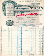 87-  LIMOGES- RARE FACTURE JACQUES TRIAS- A LA VILLE DE SOLLER- ESPAGNE- ORANGES CITRONS-27 RUE CONSULAT-1920 - Lebensmittel