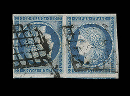 O EMISSION CERES 1849 - O - N°4c - 25c Bleu - Tête-Bêche - Obl. Grille - Certif Scheller - TB - 1849-1850 Cérès