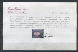 SOMALIA 1920 SEGNATASSE 1 LIRA  N. 30c DENTELLATURA FORTEMENTE SPOSTATA A DESTRA ** MNH  CERT. DIENA - Somalie