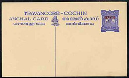 Indian States - Travancore-Cochin 1950c 4 Pies P/stat Card (Elephants) As H & G 4 But Overprinted SERVICE In Red - Travancore-Cochin