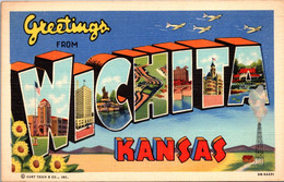 Kansas Greetings From Wichita Large Letter Linen 1944 Curteich - Wichita