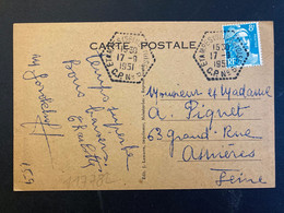CP MALESHERBES TP M. DE GANDON 8F OBL. HEXAGONALE Tiretée 17-9 1951 ETAMPES (SEINE ET OISE) CP N°5 (91 ESSONNE) - Manual Postmarks