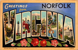 Virginia Greetings From Norfolk Large Letter Linen 1942 Curteich - Norfolk