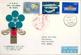 1967 , JAPÓN / JAPAN  , FIRST FLIGHT - JAPAN AIR LINES , FUKUOKA - PUSAN , LLEGADA AL DORSO - Covers & Documents