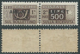 1949-53 TRIESTE A PACCHI POSTALI 500 LIRE MNH ** - P49-6 - Colis Postaux/concession