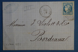 AJ5 FRANCE BELLE LETTRE 1871 CLAIRE..  POUR BORDEAUX   +BORDEAUX ++ + AFFRANCH. . INTERESSSAN - 1870 Uitgave Van Bordeaux