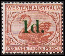 1885. Western Australia. 1 D. On THREE PENCE. Swan. Hinged.  (Michel 29 I) - JF512306 - Mint Stamps